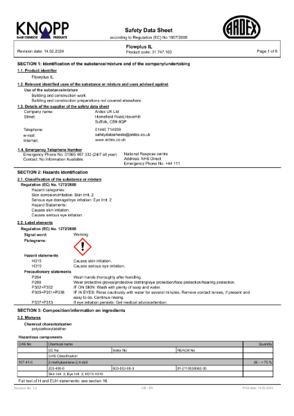 ARDEX FLOWPLUS IL - Safety Data Sheet