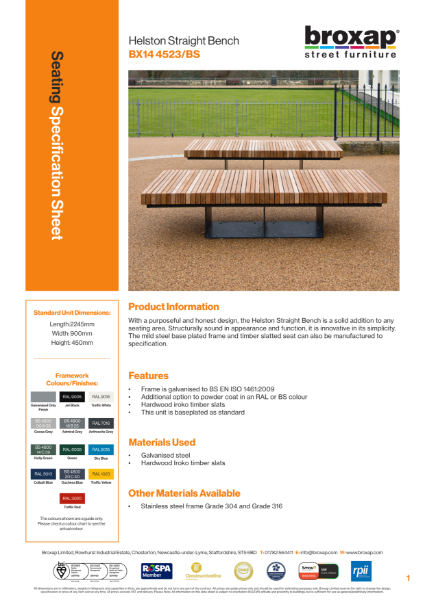 Helston Straight Bench Specification Sheet