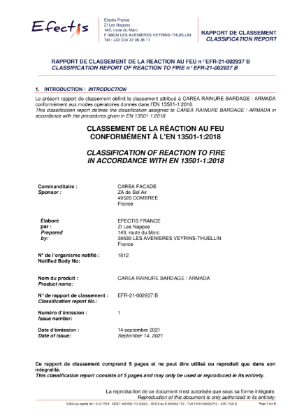 Classification of Reaction to Fire Performance in Accordance to NF EN 13501-1 (ARMADA)