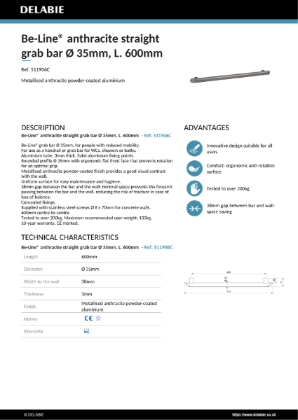 Be-Line® Grab Bars - Anthracite, 600 mm Product Data Sheet