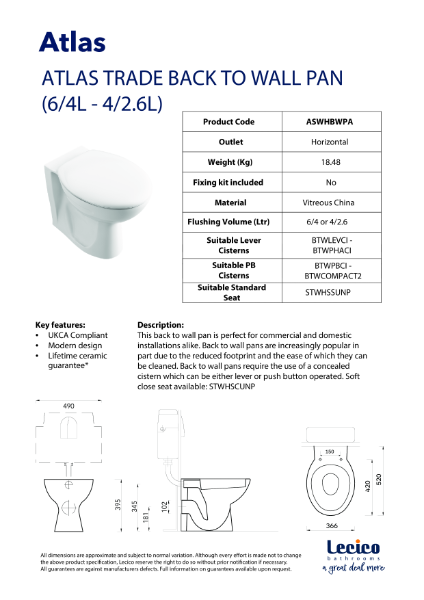 Atlas Back-to-Wall WC Pan (6/4L - 4/2.6L)