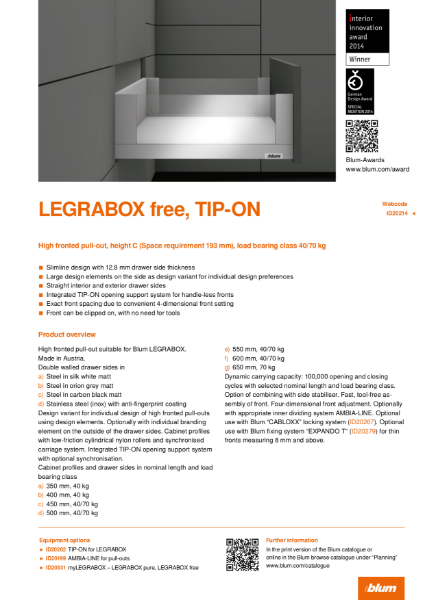 LEGRABOX free TIP-ON C Height Specification Text
