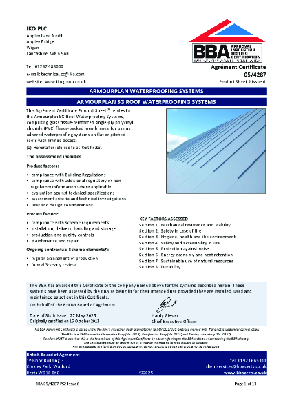 Armourplan SG Roof Waterproofing Systems BBA certificate