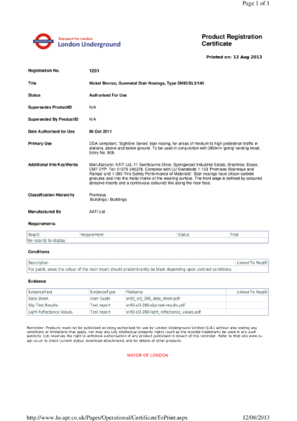 AATi certificate for product ref SN93 SL3 140