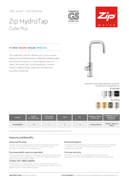 Specification sheet Cube Plus G5 Boiling Chilled Sparkling