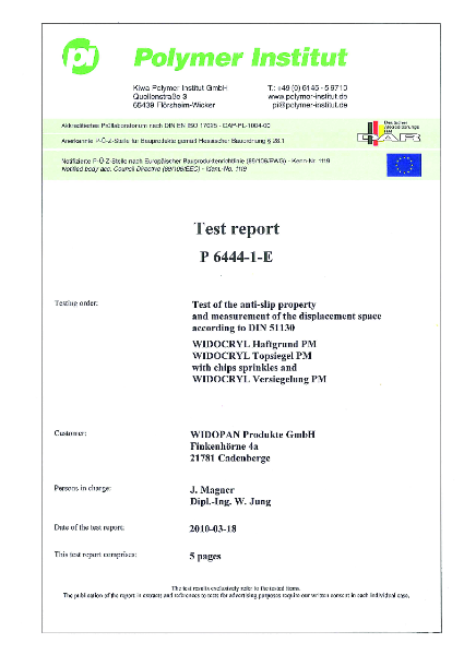 Test certificate Anti slip property with WIDOPAN-Chips