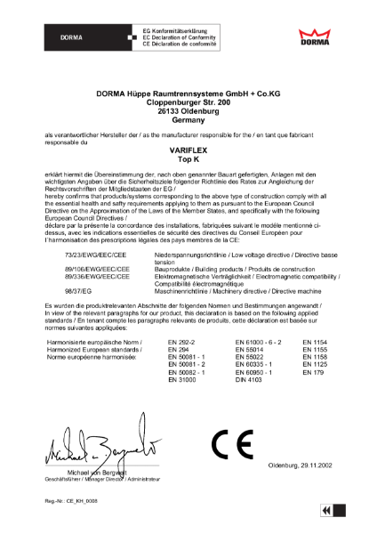EC Declaration of Conformity - Variflex Top K