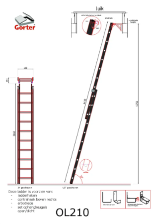 Gorter Ladder OL210 for Roof Hatch - max floor height 4255 mm – Technical 2D Drawing