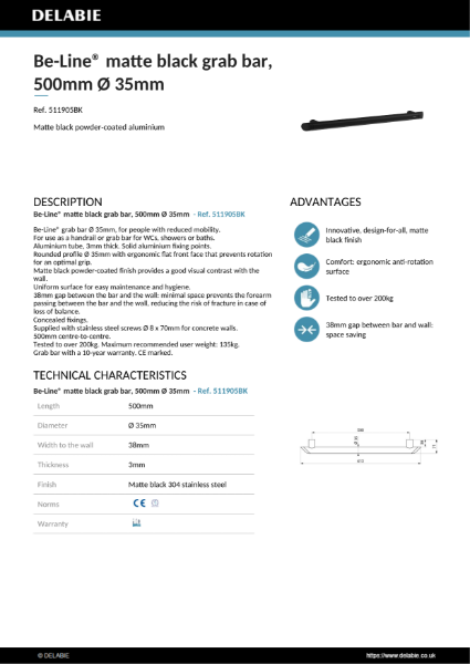 Be-Line® Grab Bars - Black, 500 mm Product Data Sheet