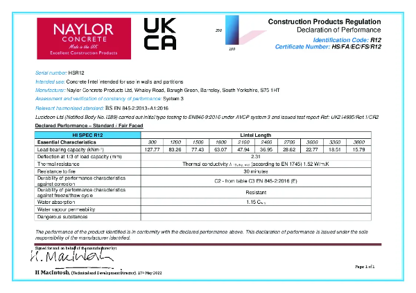 Hi-Spec R12 Concrete Lintel Declaration of Performance
