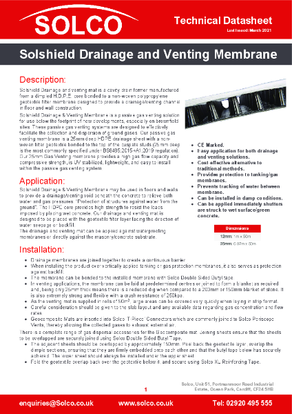 Solshield Drainage and Venting Membrane Technical Data Sheet