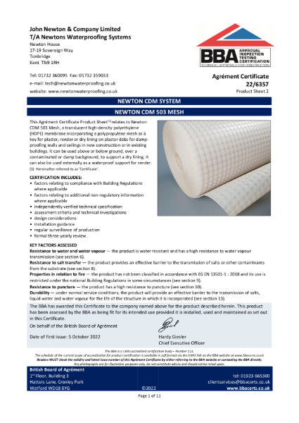 Newton CDM 503 Mesh - BBA Certificate 22/6357