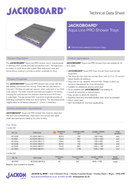 JACKOBOARD® Aqua Line PRO Shower Trays Technical Data Sheet