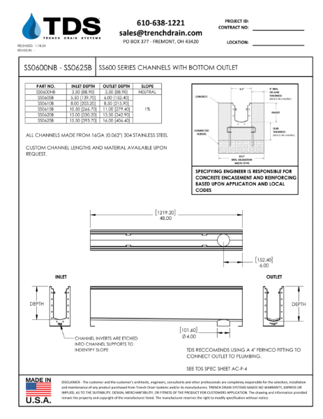 SS600 Series Channels with Bottom Outlet