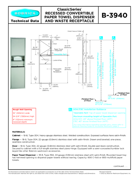 RECESSED CONVERTIBLE PAPER TOWEL DISPENSER AND WASTE RECEPTACLE -B-3940