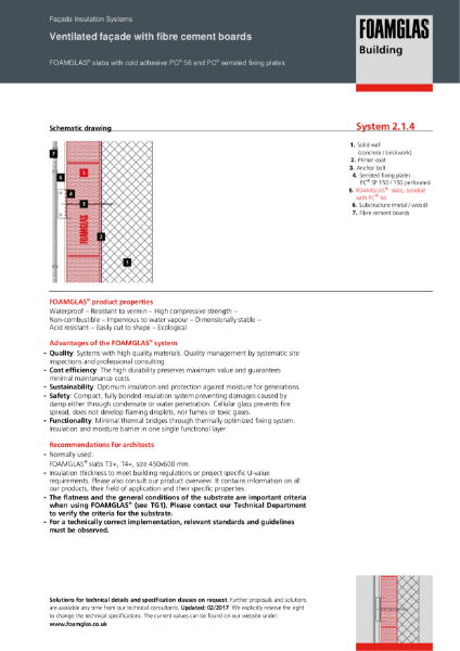 TDS_2.1.4_Facade - FOAMGLAS Insulation with Fixings for Cement Board Panels Cladding
