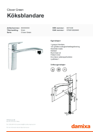 Clover Green Koksblandare krom - Datablad