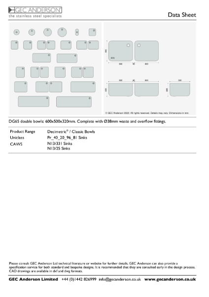 GEC Anderson Data Sheet - DG65 Double Bowls