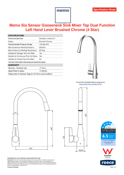 Memo Sia Sensor Gooseneck Sink Mixer Tap Dual Function Left hand Level Brushed Chrome ( 4 Star ) Specification sheet.