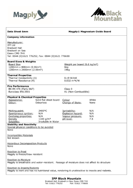 Magply datasheet 6mm 1200 x 800mm