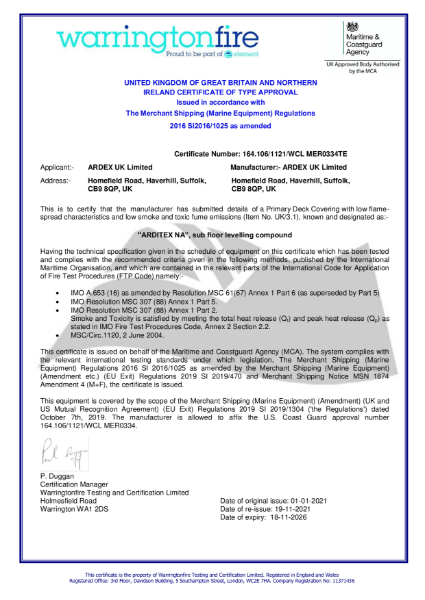 MED Certificate of Type Approval for Arditex NA