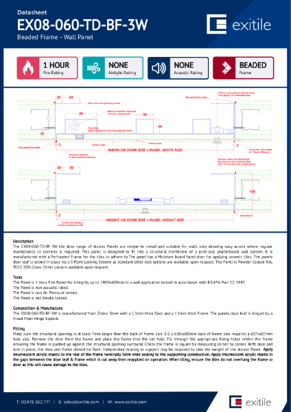 Datasheet - Tiled Access Panel (Range 8) - Beaded Frame - 1 Hour Fire Rated