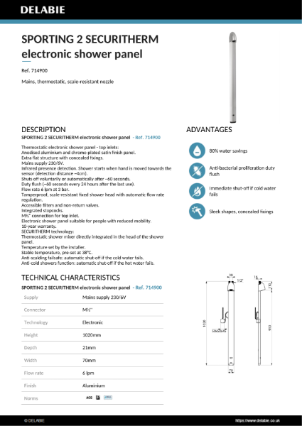 SPORTING 2 SECURITHERM electronic shower panel Data Sheet - 714900