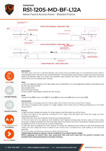 Datasheet - Metal Faced Riser Door Beaded Frame 2 Hour Fire Rated Smoke Tested R51-120S-MD-BF-L12A