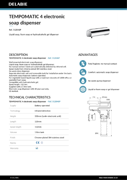 TEMPOMATIC 4 electronic soap dispenser Data Sheet – 512046P