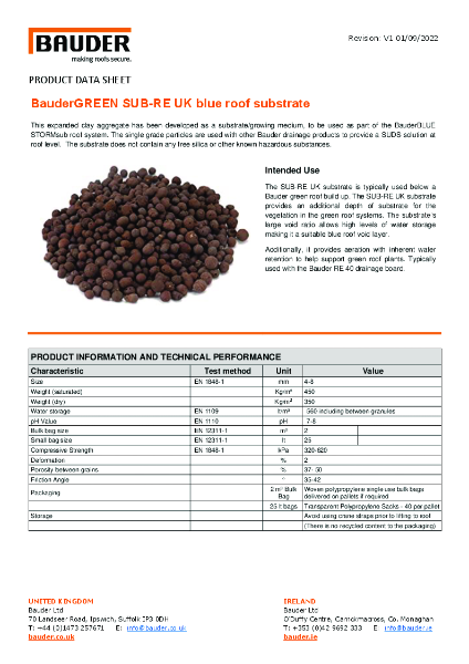 BauderGREEN SUB-RE UK blue roof substrate - Product Data Sheet
