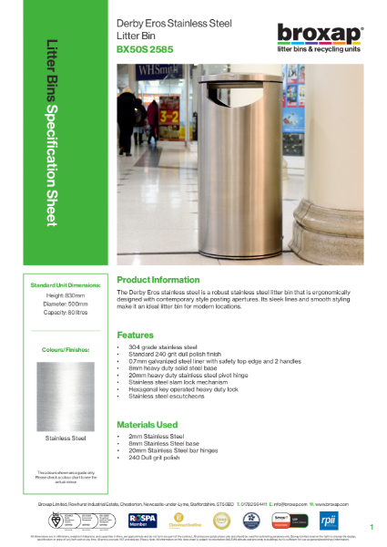 Derby Eros Stainless Steel Litter Bin Specification Sheet