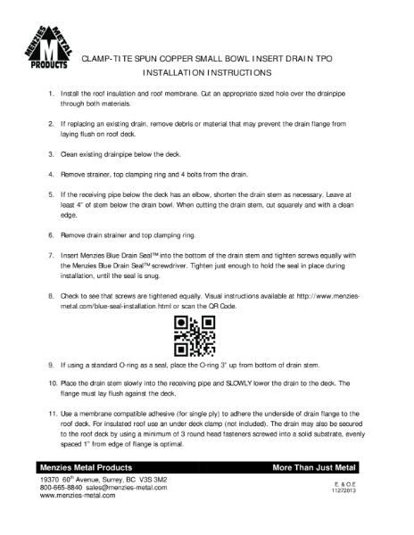 INSTALLATION INSTRUCTIONS -  CLAMP-TITE SPUN COPPER DRAIN SMALL BOWL - TPO (thermoplastic polyolefin)