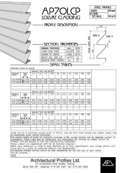 AP 70LCP - Steel - Cladding Data Sheet