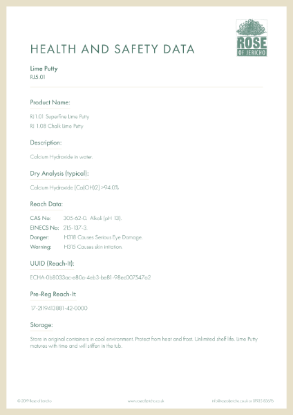 Lime Putty - Health and Safety Sheet