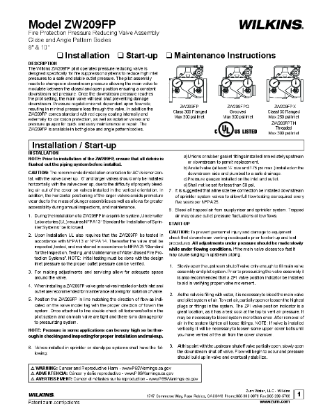 Installation Instructions - ZW209FP (8" - 10")