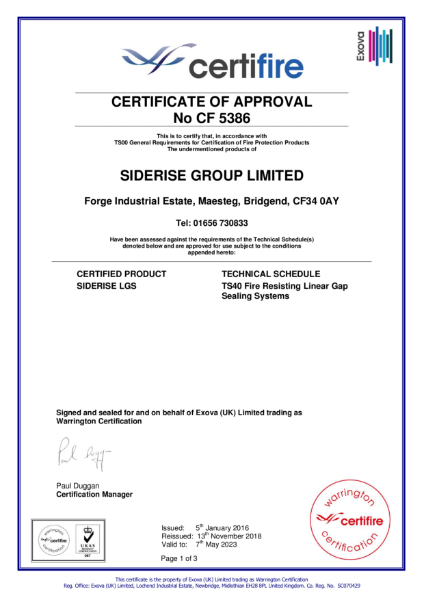 Certifire Certificate CF5386 Linear Gap Sealing Systems