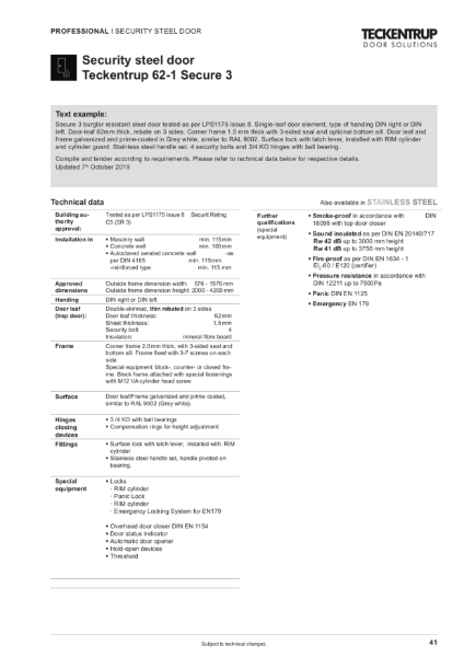Security Steel Door LPS 1175 Issue 8 C5 (SR3) 62-1 Secure 3 (Technical Data)