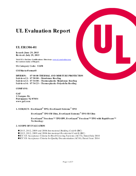 UL Evaluation Report ® TPO, EverGuard Extreme® 
