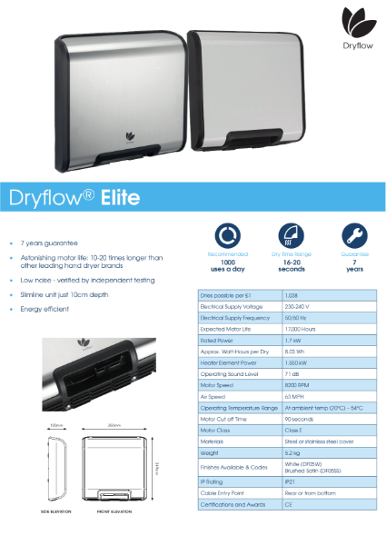 Hand Dryer Spec Sheet - Dryflow Elite Hand Dryer