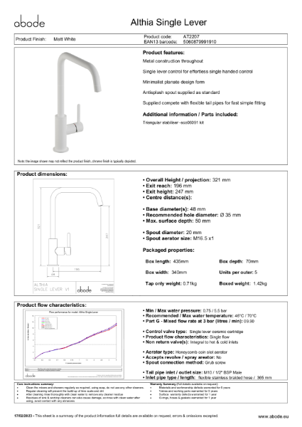 AT2207 Althia, Single Lever. Matt White. Specification Sheet.