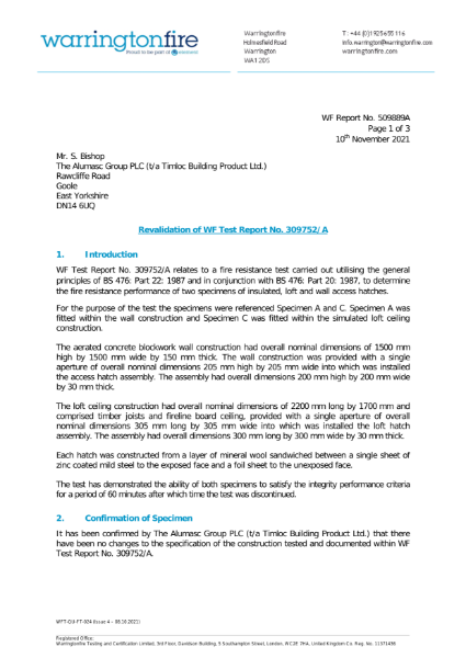 509889A Review of Fire Test Report 309752A for APC Metal 1 Hour Fire-Rated Access Panels