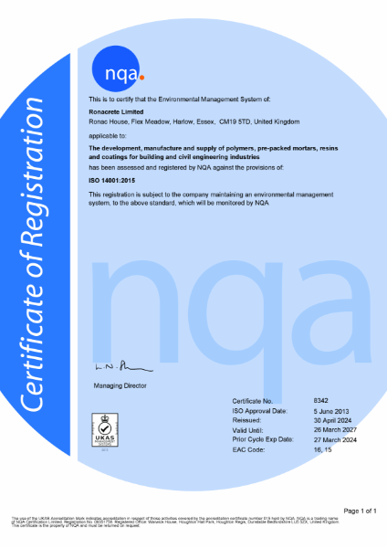 Ronacrete ISO 14001 certificate