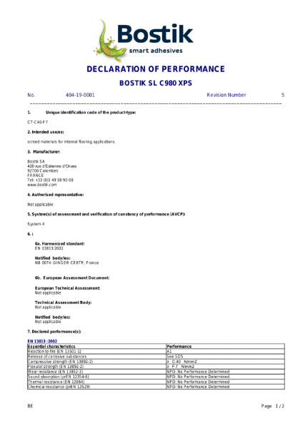 Bostik SLC980 XPS Declaration of Performance