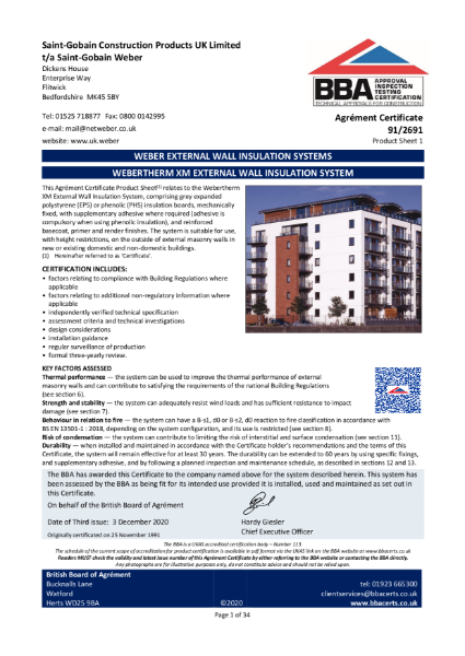 BBA Agrément Certificate (91/2691) Product Sheet 1 (webertherm XM for low rise with mechanically-fixed EPS/PHS)