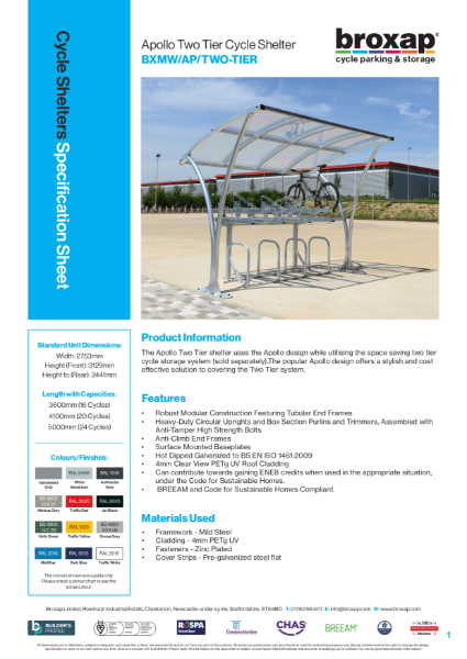 Apollo Two-Tier Cycle Shelter Specification Sheet