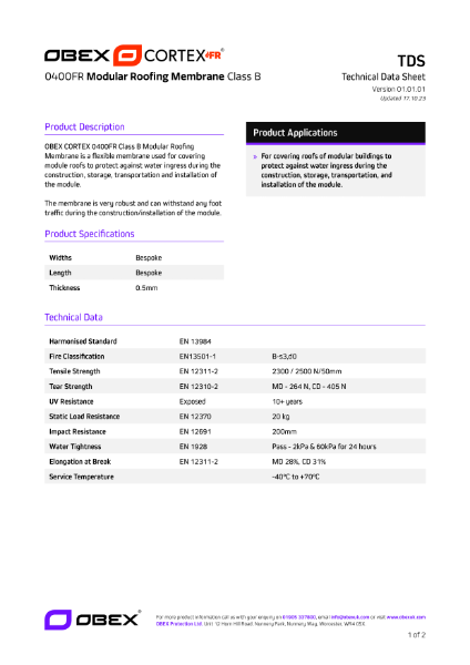 OBEX CORTEX 0400FR One-Piece Modular Roofing Membrane - TDS