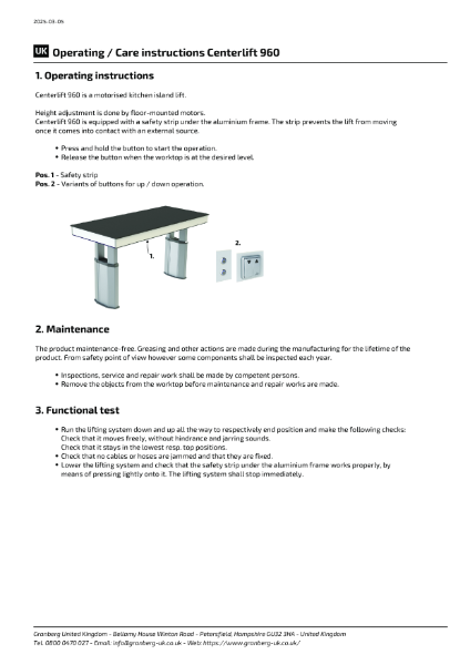 Operating + Care instructions Granberg Centerlift 960