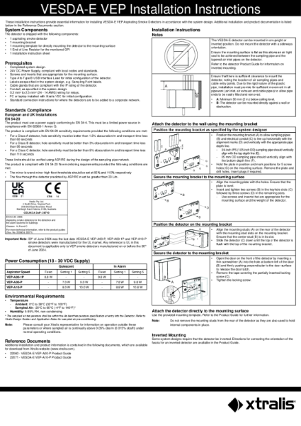 XTRALIS VESDA VEP Installation Sheet