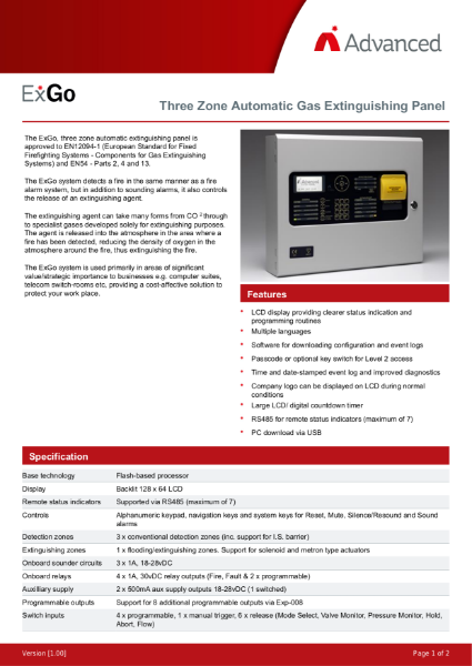 Datasheet - ExGo Three Zone Automatic Gas Extinguishing Panel