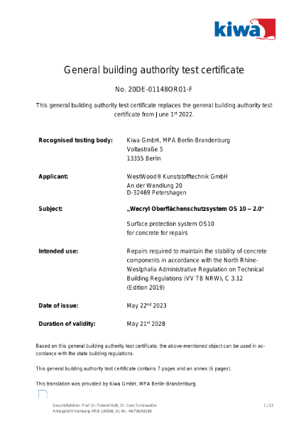KIWA General building authority test certificate